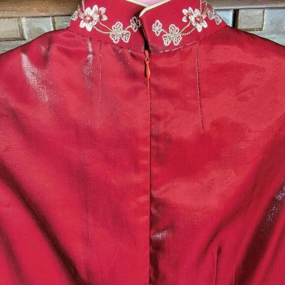 Qipao Cheongsam Crimson Red Embroidered Floral Mandarin Collar Midi Dress Size M - Picture 5 of 15